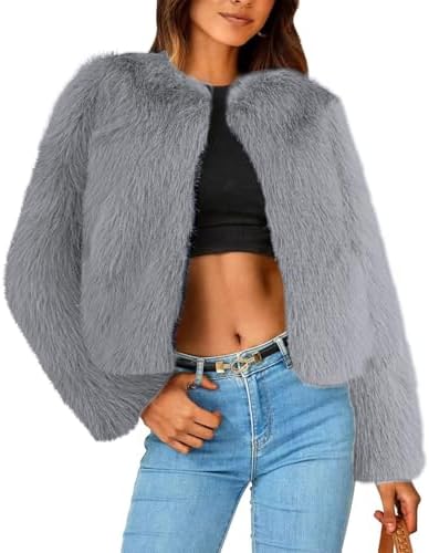 Simplee Women's Faux Fur Coat Furry Cropped Jacket Long Sleeve
